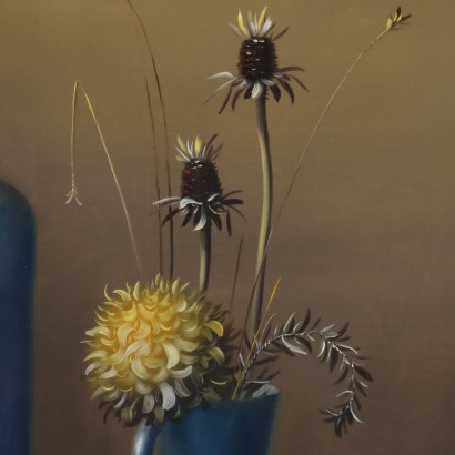 Dipinto di Proferio Grossi,Natura morta,Proferio Grossi,Proferio Grossi,Proferio Grossi,Born in 1923 on the hills of Parma PRoferio Grossi after classical studies in Parma moved to Milan, where he attended the Luigi Bocconi University of Commerce for a short time and then enrolled at the Brera Academy. Here he became the favored student of Atanasio Soldati, his fellow townsman and leader of Geometric Abstractionism. In 1948 he joined the MAC (Movimento Arte Concreta) and in 1954 held his first solo exhibition at Studio B 24 in Milan, where in 1957 he then organized the 1st Concrete Art Review at the Schettini Gallery. In the following years Proferio Grossi achieved well-deserved success with the adoption of object painting, in an aesthetic discourse he carried on until the last days of his life, alternating it with the abstract trend. Numerous are the solo, group, and retrospective exhibitions held by Proferio Grossi in Italian and foreign galleries. For his artistic merits, he was appointed member of the Academy of Fine Arts of Parma and other qualified Italian academies. Proferio Grossi also executed portraits of famous personalities, murals, and frescoes, both in the Parma and Milan areas. He died in Parma in 2000.,Proferio Grossi,Proferio Grossi