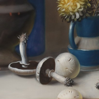 Dipinto di Proferio Grossi,Natura morta,Proferio Grossi,Proferio Grossi,Proferio Grossi,Born in 1923 on the hills of Parma PRoferio Grossi after classical studies in Parma moved to Milan, where he attended the Luigi Bocconi University of Commerce for a short time and then enrolled at the Brera Academy. Here he became the favored student of Atanasio Soldati, his fellow townsman and leader of Geometric Abstractionism. In 1948 he joined the MAC (Movimento Arte Concreta) and in 1954 held his first solo exhibition at Studio B 24 in Milan, where in 1957 he then organized the 1st Concrete Art Review at the Schettini Gallery. In the following years Proferio Grossi achieved well-deserved success with the adoption of object painting, in an aesthetic discourse he carried on until the last days of his life, alternating it with the abstract trend. Numerous are the solo, group, and retrospective exhibitions held by Proferio Grossi in Italian and foreign galleries. For his artistic merits, he was appointed member of the Academy of Fine Arts of Parma and other qualified Italian academies. Proferio Grossi also executed portraits of famous personalities, murals, and frescoes, both in the Parma and Milan areas. He died in Parma in 2000.,Proferio Grossi,Proferio Grossi