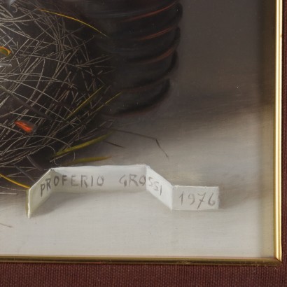 Dipinto di Proferio Grossi,Natura morta,Proferio Grossi,Proferio Grossi,Proferio Grossi,Born in 1923 on the hills of Parma PRoferio Grossi after classical studies in Parma moved to Milan, where he attended the Luigi Bocconi University of Commerce for a short time and then enrolled at the Brera Academy. Here he became the favored student of Atanasio Soldati, his fellow townsman and leader of Geometric Abstractionism. In 1948 he joined the MAC (Movimento Arte Concreta) and in 1954 held his first solo exhibition at Studio B 24 in Milan, where in 1957 he then organized the 1st Concrete Art Review at the Schettini Gallery. In the following years Proferio Grossi achieved well-deserved success with the adoption of object painting, in an aesthetic discourse he carried on until the last days of his life, alternating it with the abstract trend. Numerous are the solo, group, and retrospective exhibitions held by Proferio Grossi in Italian and foreign galleries. For his artistic merits, he was appointed member of the Academy of Fine Arts of Parma and other qualified Italian academies. Proferio Grossi also executed portraits of famous personalities, murals, and frescoes, both in the Parma and Milan areas. He died in Parma in 2000.,Proferio Grossi,Proferio Grossi