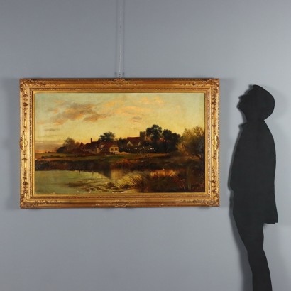 Dipinto di Henry Robinson Hall,Paesaggio con edifici,Henry Robinson Hall,Henry Robinson Hall,Henry Robinson Hall,Born in 1859 Henry Robinson Hall was an English landscape painter, known especially for his Scottish landscapes featuring characteristic herds of cattle, created both in oil and watercolor.,Henry Robinson Hall