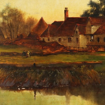 Dipinto di Henry Robinson Hall,Paesaggio con edifici,Henry Robinson Hall,Henry Robinson Hall,Henry Robinson Hall,Born in 1859 Henry Robinson Hall was an English landscape painter, known especially for his Scottish landscapes featuring characteristic herds of cattle, created both in oil and watercolor.,Henry Robinson Hall