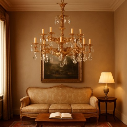 Lampadario in Bronzo e Cristallo,Lampadario in Stile Rococò