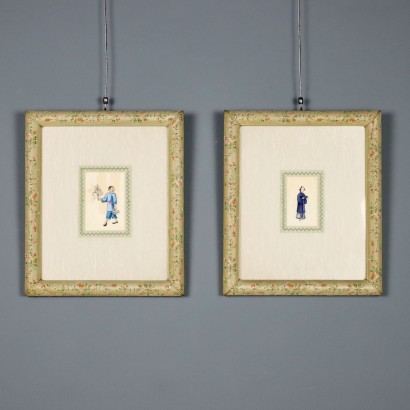 Coppia di Dipinti con Figure Cinesi