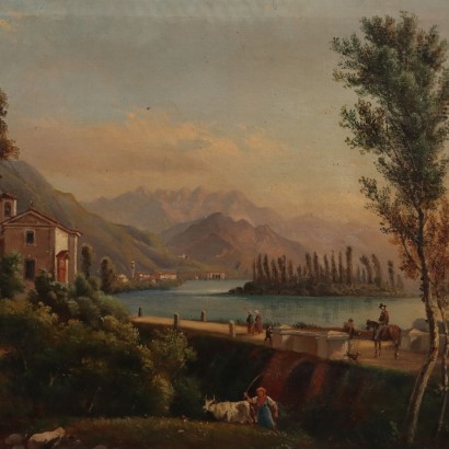 Dipinto Paesaggio con Lago di Pusiano in Brianza | Arte Ottocento_1327352 Dipinto Paesaggio con Lago di Pusiano ,Paesaggio con lago di Pusiano in Brian