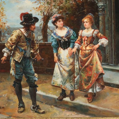 Dipinto di Frank Moss Bennett,Dame con un moschettiere,Frank Moss Bennett,Frank Moss Bennett,Frank Moss Bennett,Frank Moss Bennett