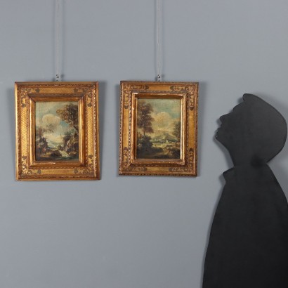 Coppia di dipinti Paesaggi con Figure,Coppia di paesaggi con figure,Coppia di Dipinti Paesaggi con Figure