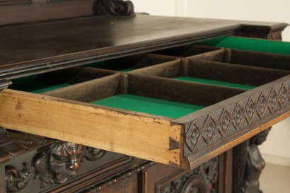 Hall, reich geschnitzt, Gentilizzi Abzeichen, Masken, Karyatiden, stattliche Sideboard, anzeigen, Schränke und Regal, wieder Leder, Leder, Tisch Fenn