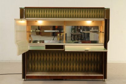 Mobile bar 50 years, elegant, veneered, rosewood, lacquered Interior, mirrors and glass, marble and Crystal, riser and back in wood, brass, good condition