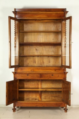 Sideboard from Lombardy, turned feet, two doors, two drawers, doors with glass, twisted half-columns, pillars, grooves