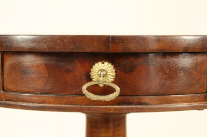 Side table with drawer, Banister, tripod, headband, round top, restorations