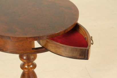 Side table with drawer, Banister, tripod, headband, round top, restorations