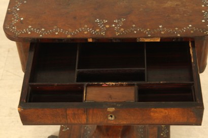 Work table, Central, octagonal base, baluster, legs, drawers, bins, brass, #antiquariatotavoli