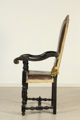 Wooden highchair, spool, crosses, turned, curl, backrest in leather, leather seat