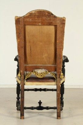 Wooden highchair, spool, crosses, turned, curl, backrest in leather, leather seat