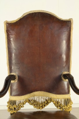 Wooden highchair, spool, crosses, turned, curl, backrest in leather, leather seat