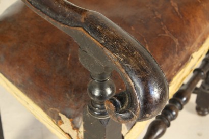 Wooden highchair, spool, crosses, turned, curl, backrest in leather, leather seat