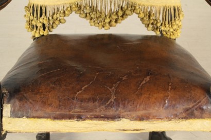 Wooden highchair, spool, crosses, turned, curl, backrest in leather, leather seat