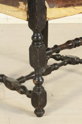 Wooden highchair, spool, crosses, turned, curl, backrest in leather, leather seat