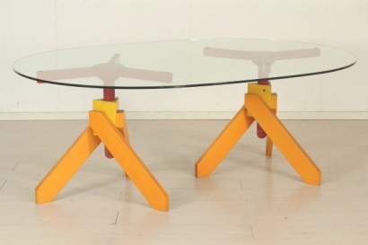 Table de Vico Magistretti, hêtre, teinté de bases naturelles, dessus en verre trempé réglables, bon état, #modernariatotavoli