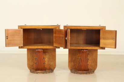 30 years, bedside tables veneered wood, radica, carved wood, painted glass, retro, #modernariatomobili
