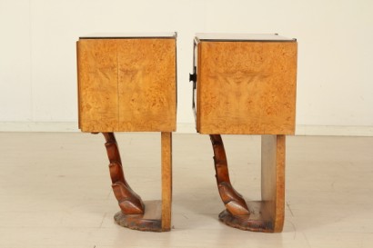 30 years, bedside tables veneered wood, radica, carved wood, painted glass, retro, #modernariatomobili