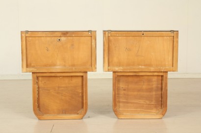 30 years, bedside tables veneered wood, radica, carved wood, painted glass, retro, #modernariatomobili
