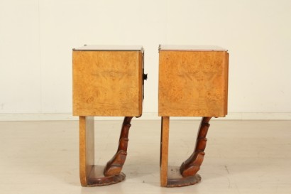 30 years, bedside tables veneered wood, radica, carved wood, painted glass, retro, #modernariatomobili
