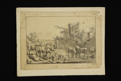 art, antique, Fine art, early 800 700, washerwomen at the River, drawings, ink on paper