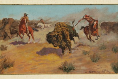 arte del 900, arte del novecento, Giuseppe Galli, dipinti di Giuseppe Galli, caccia al bisonte, caccia al bisonte di Giuseppe Galli