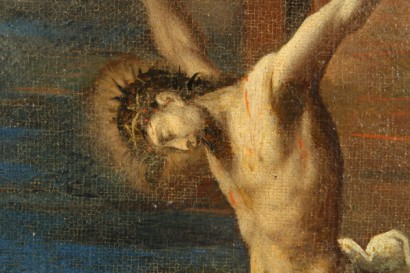 Kunst, Antiquität, Gemälde, 17. Jahrhundert, Norditalien, Kreuzigung, Madonna, St. Francis, Christus, Blitz, Blitzen, Tod, Öl es Gemälde, antike Gemälde in Öl, #arte, #pitturaantica, #dimanoinmano