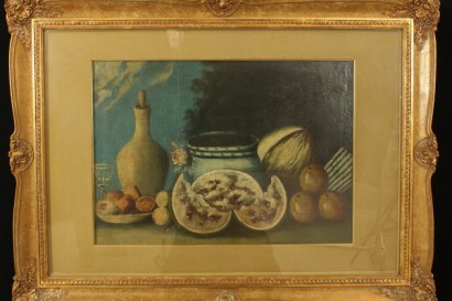 Bodegón con fruta, jarra y botella