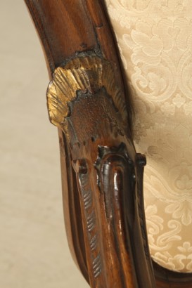 Stuhl, Nussbaum, massivem Holz, Gold, Dekorationen, Damast, 1700, 700, Venedig, hergestellt in Italien, #antiquariato, #sedie, #dimanoinmano