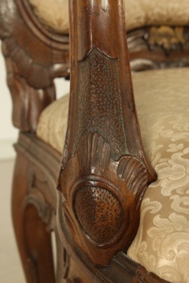 Stuhl, Nussbaum, massivem Holz, Gold, Dekorationen, Damast, 1700, 700, Venedig, hergestellt in Italien, #antiquariato, #sedie, #dimanoinmano