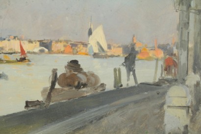 art du XXe siècle, 1900, 900, Paul Hall (1859-1924), un petit port de plaisance, la peinture à l'huile, le paysage, Venise, #arte, #novecento, #dimanoinmano