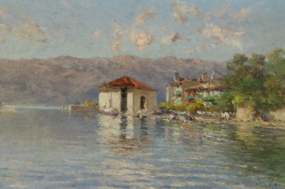 Kunst des 20. Jahrhunderts 900, Silvio Poma (1841-1932), Blick auf den See, Landschaft, Ölgemälde, #arte, #novecento, #dimanoinmano