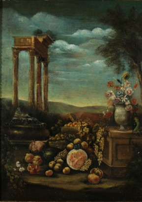 Natura morta con fiori, frutta e animali in ambientazione paesaggistica