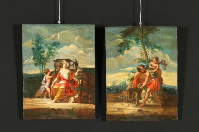 Par de cuadros en madera-alegorías de la agricultura y pastoreo.