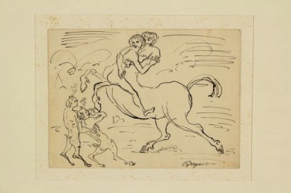 Kunst, 20. Jahrhundert, Aldo Borgonzoni, Centaur verliebt, Tusche auf Papier, signiert