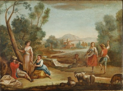 Paesaggio bucolico con figure popolari.