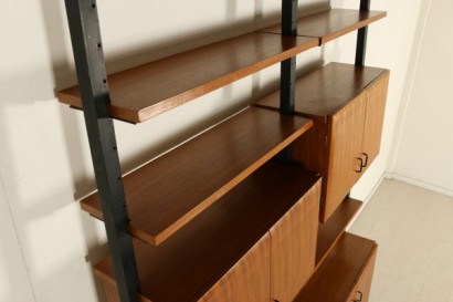 meuble ancien moderne, bibliothèque en bois et métal, années 50, Italie