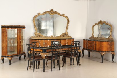 bottega del 900, arredi completi, sala stile chippendale, sala radica, credenza radica, vetrina radica, sedie radica, sala 900, credenza 900, vetrina 900, sedie 900, sala chippendale, credenza chippendale, vetrina chippendale, sedie chippendale, italia