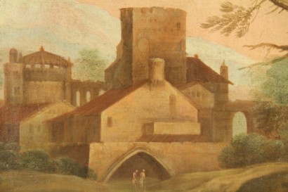 arte, pittura antica, paesaggio all antica, paesaggio, paesaggio 800, pittura, olio su tela, reintelato