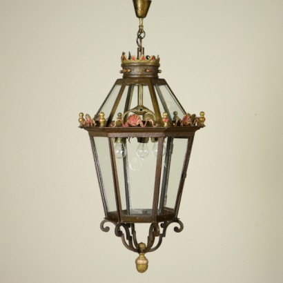 Lampe, Eisenlampe, vergoldetes Eisen, antike Lampe, antike Lampe, {* $ 0 $ *}, antionline, Deckenlampe, Blechleuchter, Laterne, antike Laterne, antike Laterne, große Laterne, Bronzedekorationen