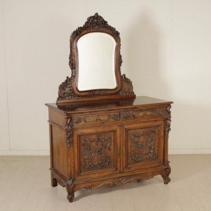 credenza, credenza con specchio, credenza 900, credenza con specchio 900, credenza antica, credenza antiquariato, credenza stile barocchetto, credenza in stile barocchetto, credenza in noce, specchio bisellato, di mano in mano, anticonline
