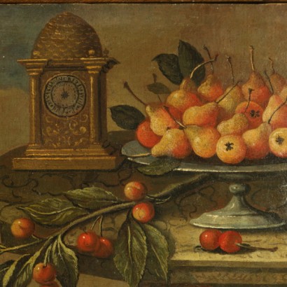 Stillleben mit obst, gemüse, musikalisches instrument, in gestalt und architektur