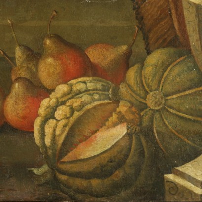 Stillleben mit obst, gemüse, musikalisches instrument, in gestalt und architektur