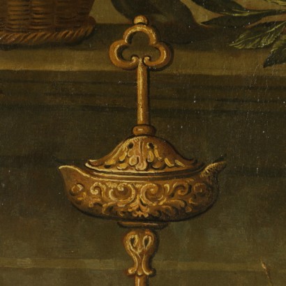 Stillleben mit obst, gemüse, musikalisches instrument, in gestalt und architektur