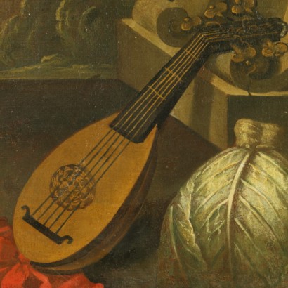 Stillleben mit obst, gemüse, musikalisches instrument, in gestalt und architektur