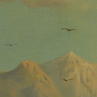 Paesaggio di montagna con baita e figure