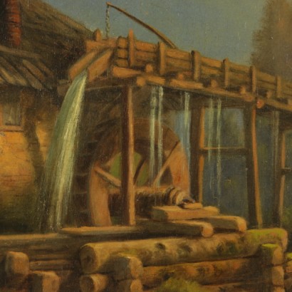 Paesaggio di montagna con baita e figure